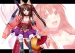  1girl :d animal_ears black_thighhighs blush boots breasts brown_hair choker cleavage commentary_request cowboy_shot folding_fan fox_ears fox_tail green_eyes green_footwear hair_ribbon hand_fan hand_up highres holding holding_fan holding_sword holding_weapon japanese_clothes kimono knee_boots konshin large_breasts letterboxed long_hair long_sleeves looking_at_viewer obi open_mouth original pink_kimono purple_skirt purple_thighhighs red_choker red_ribbon ribbon sash sengoku_koihime simple_background skirt smile solo standing sword tail thighhighs two_side_up weapon white_background zettai_ryouiki zoom_layer 