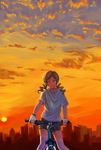  bicycle blonde_hair cityscape cloud drill_hair fingerless_gloves gloves ground_vehicle highres light_smile mahou_shoujo_madoka_magica mountain_bicycle shirt shorts sky solo sun sunset t-shirt tears thighhighs tomoe_mami white_legwear xiamianliele yellow_eyes 