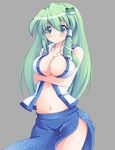  blush breast_hold breasts cleavage collarbone detached_sleeves frog green_eyes green_hair hair_ornament highres kazami_chiu kochiya_sanae large_breasts long_hair navel no_bra open_clothes open_shirt shirt side_slit simple_background skirt smile snake solo touhou 