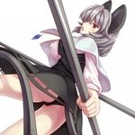  animal_ears ass black_panties blush dowsing_rod from_below grey_hair jewelry looking_back md5_mismatch mouse_ears mouse_tail nazrin open_mouth panties pantyshot pendant red_eyes short_hair simple_background solo tail touhou tro underwear upskirt 