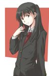  bad_id bad_pixiv_id black_hair blazer brown_eyes face hair_tousle hands head_tilt jacket long_hair necktie oda_masaki_(b-minor) original school_uniform simple_background solo twintails 