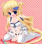  :d airlia_(minidraco) bare_shoulders blonde_hair blue_eyes borrowed_character breasts character_name cleavage dragon_girl dress garter_straps hair_ornament kanijiru large_breasts long_hair non-web_source open_mouth original pointy_ears polka_dot polka_dot_background ribbon sitting smile solo star tail thighhighs very_long_hair white_legwear 