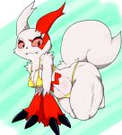  all_fours anthro anthrofied b_cottontail bikini blush breasts claws cleavage clothed clothing eyelashes fangs female fluffy fluffy_tail fur kneeling looking_at_viewer mammal multicolored_fur nintendo nipples pok&eacute;mon pok&eacute;mon_(species) pok&eacute;morph red_fur red_sclera slightly_chubby slit_pupils smile solo swimsuit thick_thighs two_tone_fur video_games white_fur wide_hips zangoose 