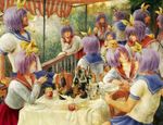  6+girls clone crossdressing faux_traditional_media fine_art_parody food french_fries hair_ribbon hiiragi_tsukasa leica lucky_star mcdonald's multiple_girls parody purple_hair ribbon ryouou_school_uniform school_uniform serafuku short_hair 