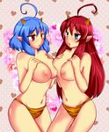  2girls antenna_hair blue_eyes blue_hair breasts flower heart hioki_akane kinoene_princess multiple_girls original panties red_eyes red_hair tiger_print underwear yuri 