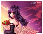  angel bare_back bare_shoulders black_eyes bow detached_sleeves disolia flower french frills hair_bow hair_ribbon long_hair original purple_eyes purple_hair ribbon sad solo sunset wings 