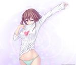  arm_up artist_name atomix blue_panties brown_hair deviantart_sample deviantart_username dressing green_panties image_sample midriff navel no_pants original panties polka_dot polka_dot_panties purple_eyes shirt skindentation solo t-shirt underwear watermark web_address white_shirt 