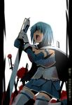  blood bloody_tears blue_hair cape gloves hair_over_eyes kakuno kneeling magical_girl mahou_shoujo_madoka_magica miki_sayaka open_mouth screaming short_hair solo sword tears thighhighs translated weapon white_gloves white_legwear zettai_ryouiki 