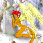  &dagger; ambiguous_gender angel butt collar feline flower fungus grave graveyard green_eyes hindpaw joshua kneeling male mourning nude outside red_hair snow solo tail tiger wings zen 