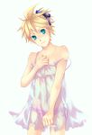  1boy blonde_hair blue_eyes bow child covering crossdress crossdressing frown hair_bow kagamine_len lingerie male male_focus nightgown nightie off_shoulder panties shota simple_background solo trap underwear vocaloid 