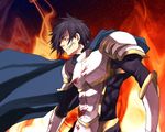  armor black_hair blood cape fire gensou_suikoden gensou_suikoden_ii gloves grin jinnai_yuuichi luca_blight male_focus messy_hair pauldrons smile solo 