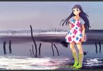  bad_id bad_pixiv_id black_hair boots brown_eyes dress hand_on_hip knee_boots letterboxed original rubber_boots solo tko_(hhan) water 