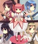  akemi_homura bubble_skirt everyone food gun hinuki_marina kaname_madoka kyubey magical_girl magical_musket mahou_shoujo_madoka_magica miki_sayaka multiple_girls polearm ponytail rifle sakura_kyouko shoes skirt spear sword taiyaki tomoe_mami wagashi weapon 