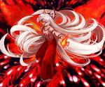  bow danmaku dress_shirt fiery_wings fire floating_hair fujiwara_no_mokou hair_bow kebin long_hair long_sleeves ofuda outstretched_arm pants red_eyes shirt silver_hair smile solo suspenders touhou very_long_hair wings 