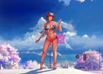  agnidevi bag bikini_top brown_hair cherry_blossoms cloud condensation_trail day high_heels highres original power_lines realistic shoes short_hair short_shorts shorts signature sky smile solo 