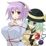  bdsm blush bondage bound breasts eyeball hairband hat komeiji_koishi komeiji_satori large_breasts multiple_girls oro_(zetsubou_girl) purple_eyes purple_hair siblings sisters third_eye touhou 