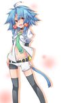  :d ahoge bad_id bad_pixiv_id belt bike_shorts black_legwear blue_hair buttons collar fang kazami_ryouya midriff navel necktie open_mouth original prelu red_eyes short_hair shorts simple_background smile solo tail thighhighs wristband 