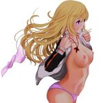  blonde_hair blush breasts charlotte_dunois from_side infinite_stratos jacket jewelry lace lace-trimmed_panties large_breasts long_hair natsu1970 necklace nipples no_bra no_pants open_clothes open_jacket panties pendant purple_eyes purple_panties simple_background solo topless track_jacket underwear white_background 
