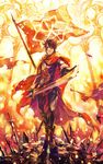  battlefield black_hair boots cape fire flag food foreshortening frown fruit highres lucas_(pixiv_fantasia) male_focus minami_seira orange_(color) pixiv_fantasia pixiv_fantasia_5 polearm red_eyes solo spear sword trigard_empire weapon 