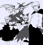  cirno highres monochrome multiple_girls mystia_lorelei outstretched_arms reverse_trap rumia short_hair simple_background spread_arms team_9 touhou wriggle_nightbug yamamoto_kyouchou 