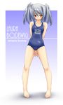 arms_behind_back barefoot blush heterochromia highres infinite_stratos laura_bodewig mao_(6r) name_tag no_eyepatch one-piece_swimsuit school_swimsuit silver_hair solo swimsuit twintails 