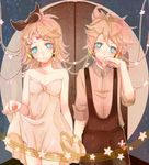  1girl bad_id bad_pixiv_id blonde_hair blue_eyes brother_and_sister cherry_blossoms dress dress_lift hair_ribbon hand_to_own_mouth headphones isago_(ica) kagamine_len kagamine_rin overalls pink_skirt ribbon siblings skirt twins vocaloid 