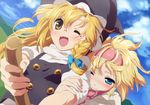  alice_margatroid anime_coloring arm_grab blonde_hair blue_eyes bow braid broom buttons cloud day fang hair_bow hair_ornament hairband hat hill kirisame_marisa long_hair multiple_girls one_eye_closed open_mouth short_hair sky tokira_nozumi touhou witch_hat yellow_eyes yuri 