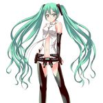  bare_shoulders belt detached_sleeves flo green_eyes green_hair hand_on_hip hatsune_miku hatsune_miku_(append) long_hair navel simple_background smile solo standing twintails vocaloid vocaloid_append 