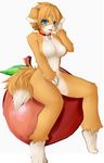  apple blue_eyes bone breasts brown_hair canine collar dog female fruit hair hi_res mammal n&#257;sheru n?sheru nude open_mouth paws plain_background pose solo white_background 