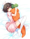  animal_ears bad_id bad_pixiv_id blush brown_eyes brown_hair bunny_ears bunny_tail carrot carrot_pillow child highres inaba_tewi itou_nanami lying on_side pillow pillow_bite pillow_hug short_hair solo tail thighhighs touhou white_legwear 