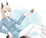  animal_ears blonde_hair blue_eyes boots eila_ilmatar_juutilainen jikasei military military_uniform pantyhose pouch smile solo strike_witches tail tarot the_sun uniform white_legwear world_witches_series 