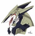  armor close-up fangs female fur furry long_tongue multicolored_hair open_mouth rain_silves sergal simple_background solo tongue trancy_mick white_background yellow_eyes 