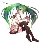 blue_eyes book green_hair hatsune_miku highres long_hair magu simple_background sitting skirt solo thighhighs twintails very_long_hair vocaloid 