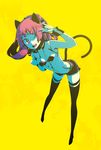  ;d animal_ears black_legwear breasts cat_ears cat_tail cleavage highres jacket kabayaki_unagi leaning_forward one_eye_closed open_clothes open_jacket open_mouth original pink_eyes pink_hair short_shorts shorts simple_background small_breasts smile solo tail thighhighs v_over_eye yellow_background 