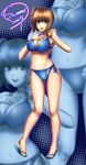  bangs bikini blue_eyes breasts brown_hair can cleavage hand_on_own_chest hasukaku_hanzou large_breasts long_legs looking_at_viewer navel open_mouth original sandals side-tie_bikini skindentation smile solo swimsuit zoom_layer 