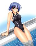  arm_support bb_(sapporo_youkan) blue_hair breasts competition_swimsuit covered_nipples drain_(object) green_eyes highres light_smile looking_at_viewer medium_breasts one-piece_swimsuit pool poolside ripples short_hair sitting soaking_feet solo speedo_(company) swimsuit to_heart_2 tonami_yuma 