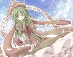  arms_behind_back bad_id bad_pixiv_id bow day dress foreshortening frills front_ponytail gathers green_eyes green_hair hair_bow hair_ribbon highres itsutsuki kagiyama_hina large_bow light_particles long_hair ribbon sky solo tareme touhou 