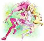  back-to-back blonde_hair blue_eyes boots bow choker cross-laced_footwear cure_melody cure_rhythm green_eyes hair_bow hairband holding_hands houjou_hibiki knee_boots long_hair magical_girl midriff minamino_kanade multiple_girls musical_note pink_bow pink_hair ponytail precure smile staff_(music) star suite_precure thighhighs twintails waxwa white_choker 