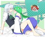  barefoot blush braid detached_sleeves feet frog green_eyes green_hair hair_ornament hat hong_meiling izayoi_sakuya kochiya_sanae long_hair maid maid_headdress multiple_girls neko_majin red_hair short_hair silver_hair snake touhou twin_braids yuri 