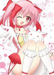  blush choker gloves hair_ornament highres mahou_shoujo_madoka_magica open_mouth pink_eyes pink_hair short_hair short_twintails sitting smile twintails wink 
