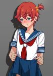  1boy bangs blue_eyes blue_sailor_collar blue_skirt blush eyebrows_visible_through_hair hibiki_yuuta male_focus neckerchief pleated_skirt red_hair sailor_collar school_uniform serafuku short_hair skirt skirt_pull solo ssss.gridman sweatdrop trap yakiniku_(konoha3561) 