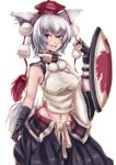  adapted_costume animal_ears bare_shoulders fang fingerless_gloves gloves grin hat highres inubashiri_momiji navel orange_eyes panzer shield short_hair simple_background smile solo tail thighhighs tokin_hat touhou white_legwear wolf_ears wolf_tail 
