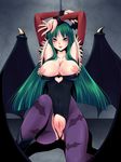  :3 animal_print anus armpits bat_print bat_wings boots breasts bursting_breasts cleavage cuffs demon_girl detached_sleeves fat_mons green_eyes green_hair handcuffs head_wings heart inverted_nipples koga_yoshihisa large_breasts leotard long_hair morrigan_aensland naughty_face nipples pantyhose print_legwear puffy_nipples pussy solo succubus torn_clothes torn_legwear uncensored vampire_(game) wings 