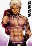  1boy abs blonde_hair chest collar earrings jewelry king_of_fighters kof lowres male male_focus muscle pecs shen_woo snk solo tattoo topless 