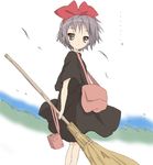  1girl bad_id bad_pixiv_id bag bow broom core_(mayomayo) cosplay grey_hair hair_bow handbag kiki kiki_(cosplay) majo_no_takkyuubin nagato_yuki radio ribbon short_hair solo suzumiya_haruhi_no_yuuutsu yellow_eyes 