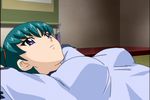  aqua_hair blue_eyes breasts female green_hair hand_behind_back hands_behind_back honjo_mikaze inside lying on_back pajamas room shirt short_hair solo stratos_4 t-shirt twintails worried 