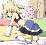  all_fours animal_ears arm_warmers ass barefoot bed blonde_hair cat_ears cat_tail flat_chest green_eyes heart kemonomimi_mode leg_warmers mizuhashi_parsee open_mouth short_hair skirt solo sports_bra suna_(sunaipu) tail touhou translation_request 