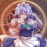  blue_eyes braid clock duplicate gears gloves glowing glowing_eyes hair_over_one_eye heterochromia highres izayoi_sakuya knife maid maid_headdress md5_mismatch pocket_watch short_hair silver_hair solo touhou tro twin_braids watch white_gloves 