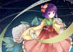  bad_id bad_pixiv_id flower hair_flower hair_ornament hieda_no_akyuu japanese_clothes purple_eyes purple_hair scroll shiyun short_hair solo touhou 