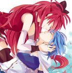  bad_id bad_pixiv_id bare_shoulders black_legwear blue_hair bow cape closed_eyes hair_bow imminent_kiss lying magical_girl mahou_shoujo_madoka_magica miki_sayaka multiple_girls ponytail red_hair sakura_kyouko tears thighhighs xiaoxue yuri 